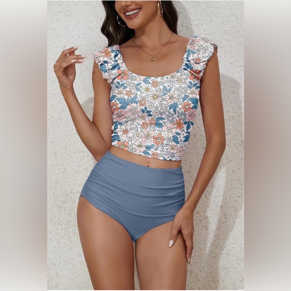 Floral Ruffle Sleeve Bikini Set - Blue/Pink Floral